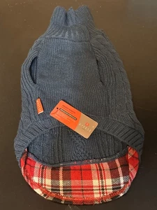 Preppy Dog Blue Fisherman's Sweater Plaid Trim Cable Knit Buttons Fall Autumn M - Picture 1 of 3