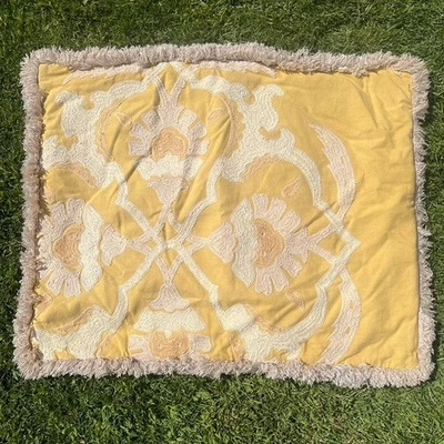 Anthropologie Embroidered Crewel Floral Pillow Cover Fringe 18x24 Yellow Gold - Image 1 of 4