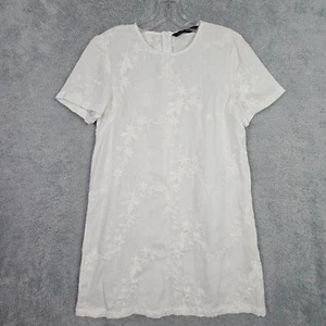 Zara Womens Shift Dress Small White Linen Embroidered Crew Neck Short Sleeve Zip - Picture 1 of 19