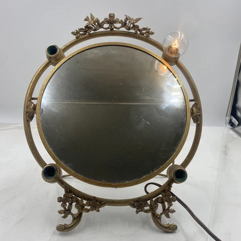 Vintage Victorian Vanity Mirror Glass Gold Floral Birds Light Up Cover