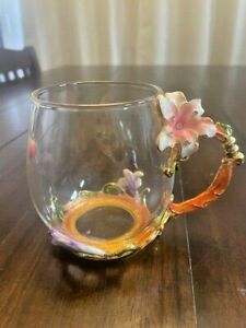 Glass Tea Cup Coffee Mug Modern Design Enamel Flowers Tulip Heat Resistant Gift