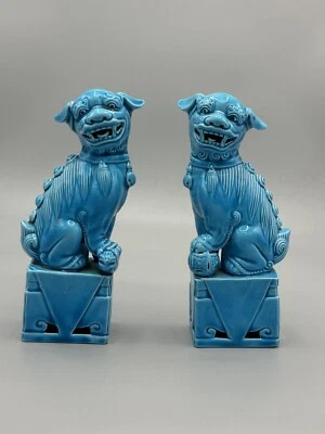 paire de chiens de Fo en céramique émaillée bleue turquoise Environ 16cm Chine - Photo 1/4