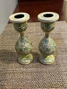 Vintage KASHMIRI Kegel Kerzenständer Pappmaché handbemalt 2er Set - Bild 1 von 9