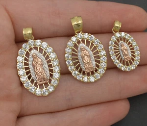Real 10k Multi Tone Solid Gold CZ Oval Virgin Mary Guadalupe Pendant (Size S/M/L - Picture 1 of 14
