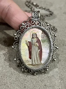 950 Silver Antique Saint Barbara Hand painted On Mother Of Pearl Pendant ,chain - Picture 1 of 17
