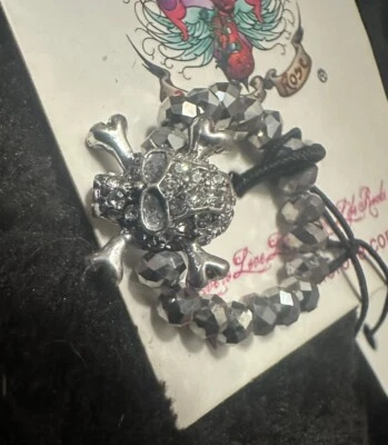 珠饰戒指 带银色和 CZ 石头骨 - 弹性可调表带 — 第 1/4 张图片