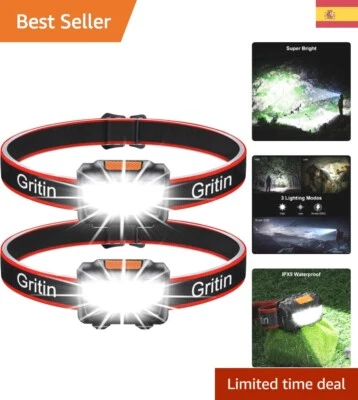 Gritin Linterna Frontal LED, [2 Pack] Linterna Cabeza COB Super Brillante con 3 - Imagen 1 de 4