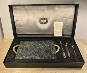 Gorgeous Ann Cichon Green Marble Cheeseboard Silver Plate Utensils With Onyx EUC - Picture 1 of 24