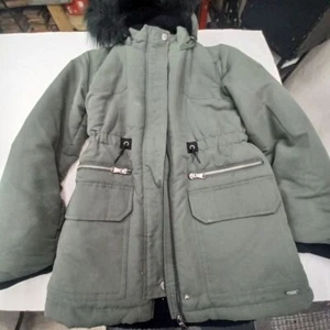Justice Green Winter Parka Coat with Faux Fur Hood Trim Quilted Warm Jacket - Picture 1 of 7