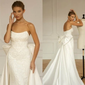 Wedding Dresses Strapless Backless Mermaid Sweep Train Detachable Bowknot Ruche - Picture 1 of 11