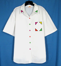 Vtg 80s SUNNY LADY White w/Colorful Detail LIGHTWEIGHT TWILL Button-Up Top Sz 1X