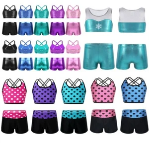 Kids Girls Tankini Outfit Sports Top+Shorts Dance Gym Ballet Workout Clothes - Picture 1 of 61