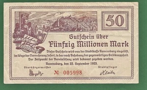 03 194 Notgeld Ravensburg 50 Millionen Mark, 22.9.1923, Nr rot 6-stellig - Picture 1 of 2