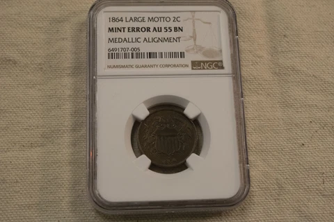 1864 Large Motto 2C Mint Error AU 55 BN Medallic Alignment NGC Certified Cover