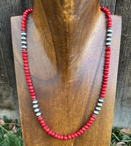 Southwestern 925 Sterling Silver Red Coral 6mm Pearls Bead Necklace 18 Inch - Picture 1 of 12