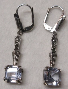 Sterling Silver Art Deco Aquamarine and Marcasite Dangle Earrings, Pre-owned - Picture 1 of 4