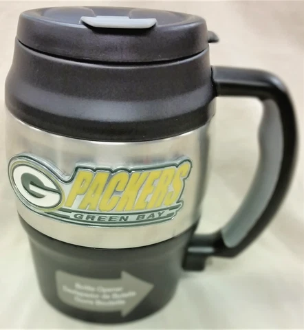 Green Bay Packers Insulated Barrel Travel Mug with Handle and Bottle Opener Cover