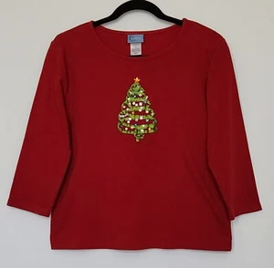 Classic Elements Christmas Top Size S M Red Women Tree Sequins Ribbon 3/4 Sleeve - Picture 1 of 6