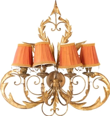 French gilt wood Four Light Wall Sconce with four  orange shades  included Cover