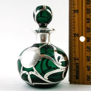 Antique Sterling SILVER Overlay GREEN glass - 2oz PERFUME Bottle - ALVIN c.1900 - Picture 1 of 13