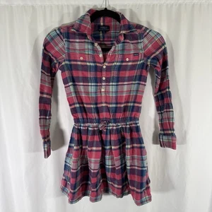 Polo Ralph Lauren Flannel Dress Girls 8 Pink Plaid Button Up Long Sleeve Pockets - Picture 1 of 9
