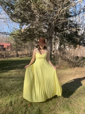 Vintage 70s Jc Penney Pleated Yellow Maxi Dress Poly Boho Prairie Disco - Image 1 of 4