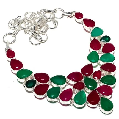 Greensimulated, Rosso Giada Gemma 925 Argento Sterling Gioielli Collana - Immagine 1 di 4