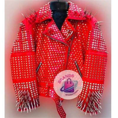 Men's Handmade Red Gothic Emo Style Leather Jacket with Silver Studs and Spikes - Image 1 of 4