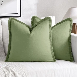 Throw Pillow Covers Boho Farmhouse 18x18 Set of 2 Decorative Sage Green Couch... - Picture 1 of 6