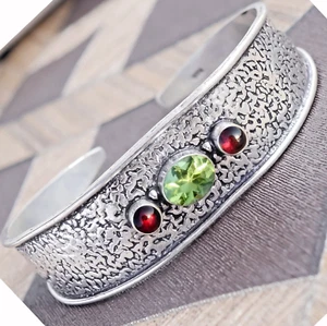 Peridot Cut, Red Garnet Gemstone Jewelry 925 Sterling Silver Man's Cuff Bracelet - Picture 1 of 6