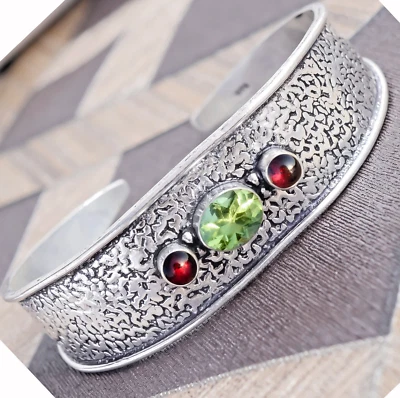 Peridot Cut, Red Garnet Gemstone Jewelry 925 Sterling Silver Man's Cuff Bracelet - Image 1 of 4