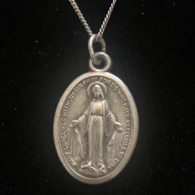 Collar Medalla Milagrosa Vintage Plata Esterlina 16" Virgen María Colgante Ovalado Foto 1 de 4