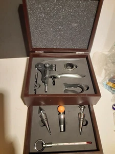 Connoiseur's Deluxe Lever Pull Wine Cork screw Cherry Wood Box 8 Piece Set - Picture 1 of 9