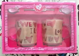 "I LOVE"  GLASS coffee / tea Cups And Spoons. VALENTINE'S DAY GIFT - Picture 1 of 4