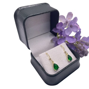 Yellow Gold Finish Emerald Pear Cut 3 Claw Dangle Drop Earrings With Gift Box - Picture 1 of 5