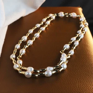 Bamboo Joint Double Layered Choker Necklace for Women Natural Freshwater Pearl - Foto 1 di 11