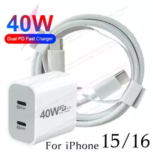 For iPhone 15 16 Pro Max Plus 40W Dual USB-C Fast Charger Block PD Type-C Cable - Picture 1 of 12