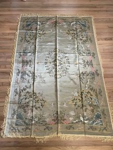 TOP Vintage Chinesische Seide Brokat Tischdecke Gobelin Stickerei 80x54 Reiher - Bild 1 von 24