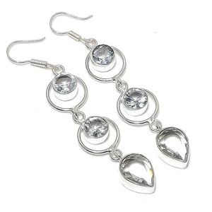 Pendiente de joyería de plata de ley 925 hecho a mano con piedras preciosas de topacio blanco tamaño 3" - Imagen 1 de 1