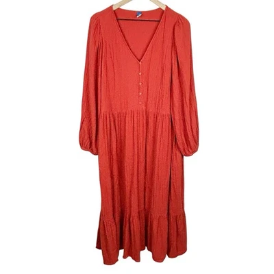 Antiguo Vestido Azul Marino Para Mujer XXL Naranja Óxido Verano Siena Gasa En Niveles Midi Boho Foto 1 de 4