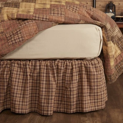 Prescott Rustic Queen Bed Skirt Brown Tan Creme Plaid Cotton 60x80x16 VHC Brands - Image 1 of 4