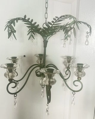 Vintage Hollywood Regency Palm Leaf Chandelier Glass Candle Holders & Prisms - Image 1 of 4