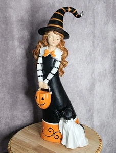 Halloween Bruja Niña Estatuilla Estatua Gato Negro Fantasma Resina Naranja 14" NUEVO - Imagen 1 de 10