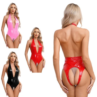 Damen Strampler Halter Bodysuit Tiefer V-Ausschnitt Catsuit Wet Look Trikots - Bild 1 von 4