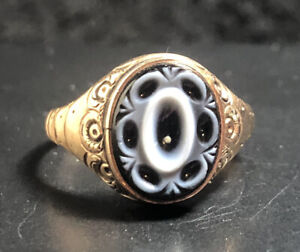 Beautiful Antique 9ct Rose Gold Agate Ring ,Size P ,- 2.22g