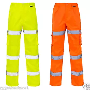 Pantalones de carga de combate de 3 bandas Hi Viz para hombre carreteras cintura elástica bolsillo rodilla - Imagen 1 de 3