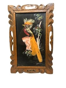 Vtg Mexico Aztec Feather Craft Hand Painted Art Bird Picture Wood Frame 11"x7" - Picture 1 of 6