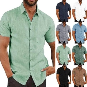 Mens Cotton Linen Shirt Summer Short Sleeve Casual Loose Button Down Tops Blouse - Picture 1 of 20