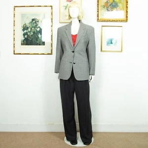 Vintage 1990s Navy White Wool Maxi Single Breasted Blazer Houndstooth Print L - Picture 1 of 7