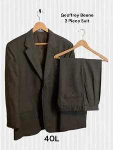 Geoffrey Beene Men's 2 Piece Suit 40L Worsted Wool Pleated Front Cuffs Gray Blue - Picture 1 of 15